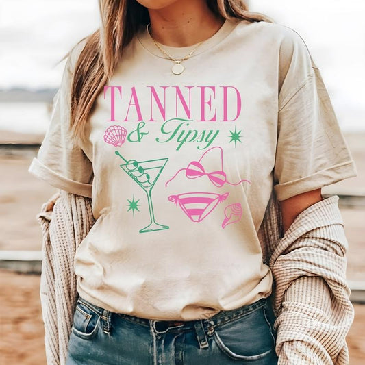 #034 - Tanned and Tipsy Summer Beach -  - Print Unisex Crew neck Tee T-shirt