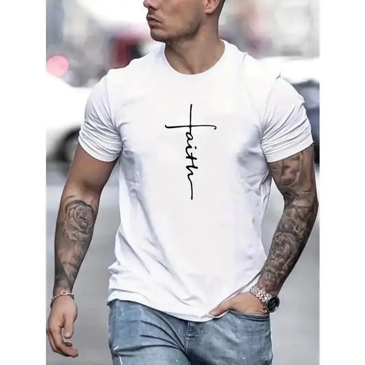 1 pc, 100% cotton T-shirt, Faith Letter Applique Men's T-Shirt - Crew Neck, Comfortable Fit, Summer Casual Made in USA