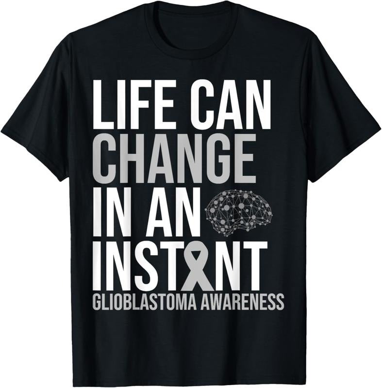 100% Cotton Brain Cancer Awareness Life can change Tumor Grey Ribbon T-Shirt