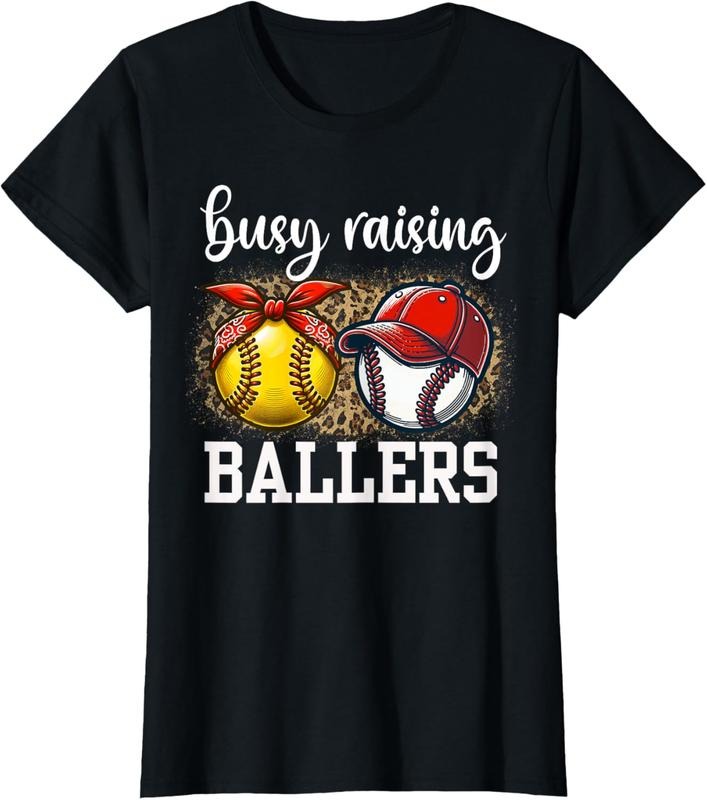 100% Cotton Busy Raising Ballers Softball and Baseball Leopard Print Mom T-Shirt