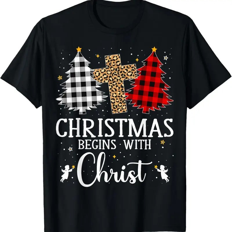 100% Cotton Christmas Begins With Christ Jesus Cross Christian Christmas T-Shirt