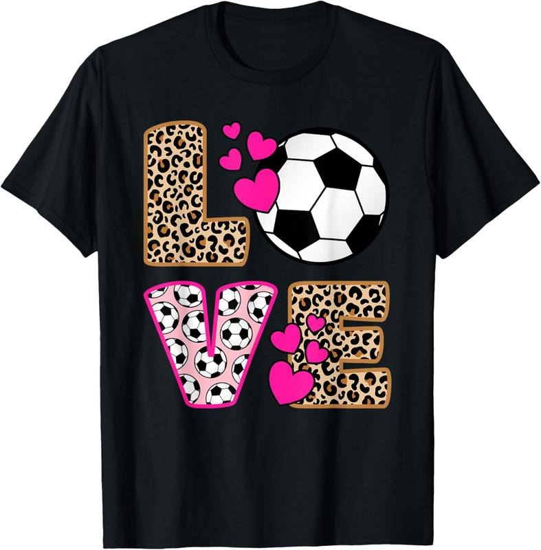 100% Cotton Cute Love Soccer Leopard Print Women Girls Soccer T-Shirt