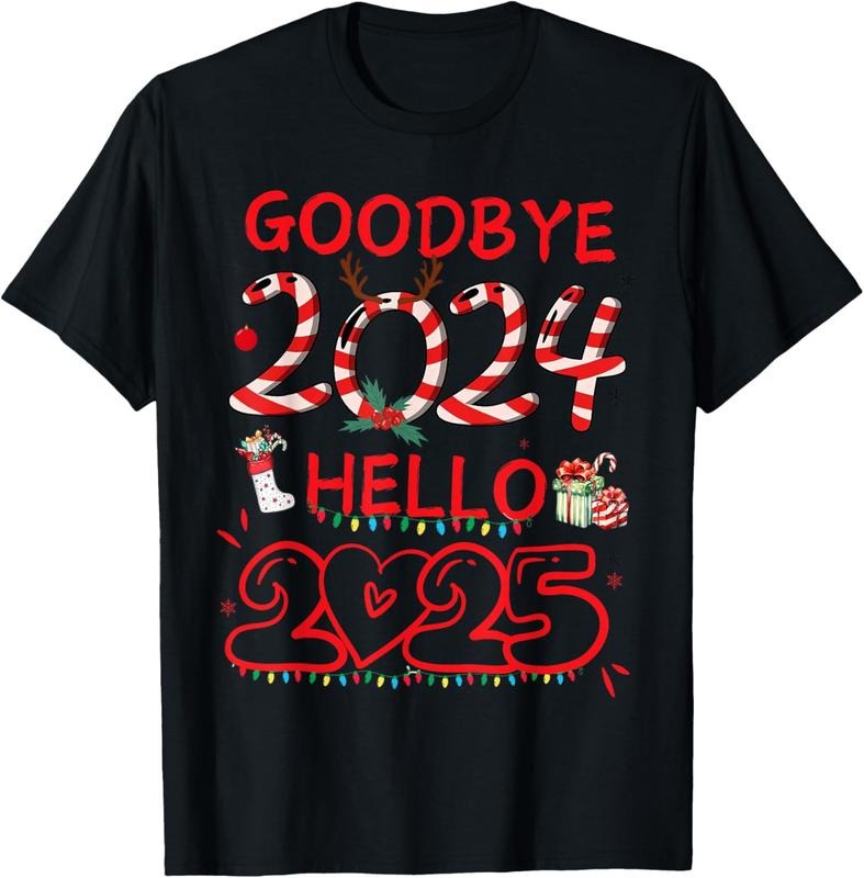 100% Cotton Goodbye 2024 Hello 2025 Merry Christmas Happy New Year 2025 T-Shirt