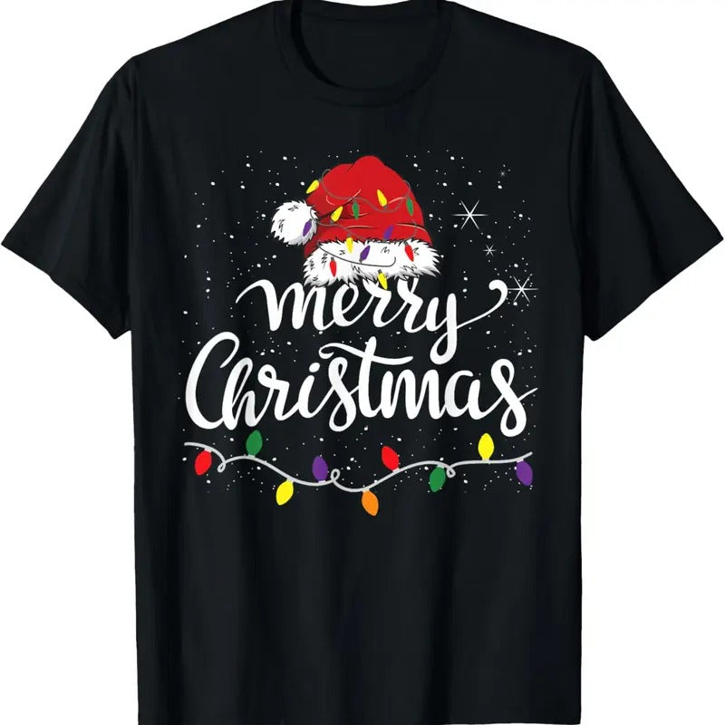 100% Cotton Merry Christmas Lights Red Santa Hat Xmas Family Men Women T-Shirt