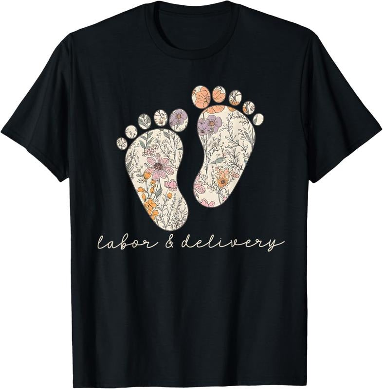 100% Cotton Retro Floral Nursing Labor and Delivery Nurse L&D Nurse T-Shirt