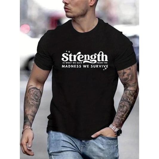 100% cotton T-shirt, "Strength" Print T-shirt, Men's Casual Street Style Stretch Round Neck Tee Shirt For Summer, crewneck men's printed T-shirt, summer fashion outdoor sports Made in USA