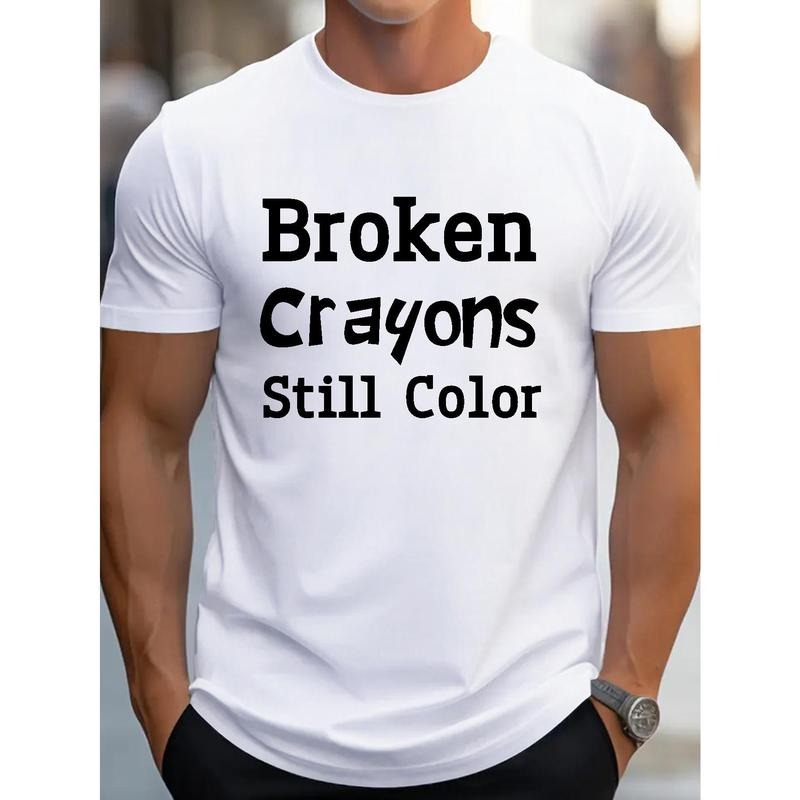 100% cotton T-shirt, BROKEN CRAYONS Print Crew Neck T-shirt For Men, Casual Short Sleeve Top, Men's Clothing For Summer Made in USA