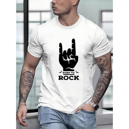 100% cotton T-shirt, Born To Rock Print Tee Shirt, Tees For Men, Casual Short Sleeve T-shirt For Summer Made in USA
