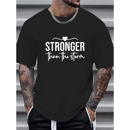 100% cotton T-shirt, STRONGER Print Men's Casual Crew Neck T-Shirt, Fashionable Short Sleeve Tees, Comfort Fit Top, Leisurewear, Outdoor Sports Clothing Made in USA