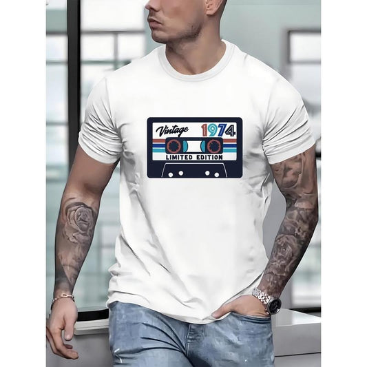100% cotton T-shirt, Vintage 1974 Limited Edition Record Print, Men's Round Crew Neck Short Sleeve, Simple Style Tee Fashion Regular Fit T-Shirt, Casual Comfy Breathable Top For Spring Summer Holiday Leisure Vacation Men's Clothing As Gift Made in USA