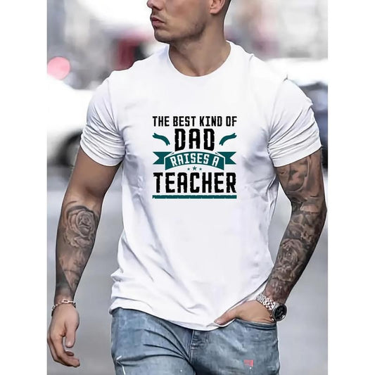 100% cotton T-shirt, the best dad teacher letter print men's casual round neck short T-shirt, quick drying comfortable casual summer T-shirt, suitable for daily wear exercise and vacation resorts Made in USA