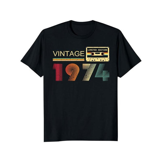 1974 Vintage Limited Edition Men'S T-Shirt - 100% Cotton Knit Fabric, Adult Crew Neck Regular Fit, All-Season Short Sleeve Casual Tee, Digital Direct Print Geometric Pattern, Medium Stretch Fabric, Ideal Birthday Gift Made in USA