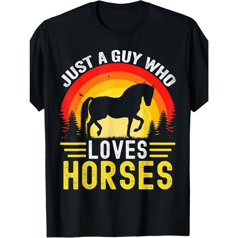1pc EWH Men'S Casual Cotton T-Shirt with Just a Guy Who Loves Horses Print, Vintage Friesian Horse Graphic, Round Neck, Loose Fit, Stretch Knit Fabric, All Seasons made in usa