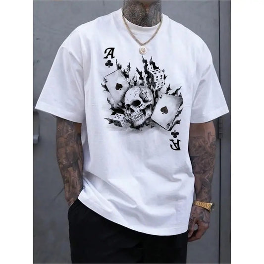 1pc Men's Graphic Skull and Poker Card Printed Short Sleeved Casual Fashion Summer T-Shirt - Vibrant Colors, Soft Fabric, Relaxed Fit, Perfect for Outdoor Activities and Casual Wear Made in USA