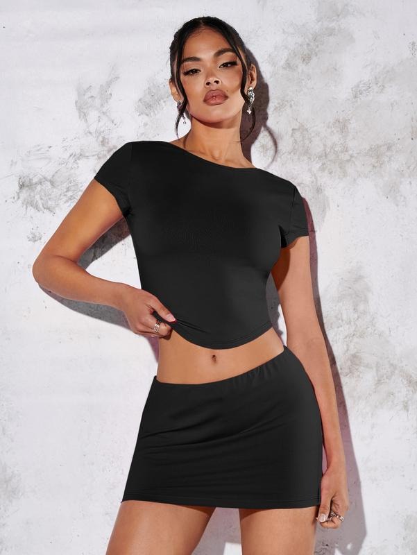 2 Piece Y2K Skirt Set Backless Asymmetrical Cap Sleeve Crop Top and Bodycon Mini Skirt Set