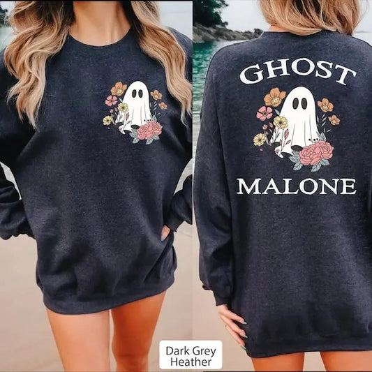 2 Slide Design, Ghost Malone Sweatshirt, Pocet Size Halloween Sweatshirt, Funny Halloween Crewneck, Cute Ghost Hoodie, Spooky Season Sweater,Front and Back