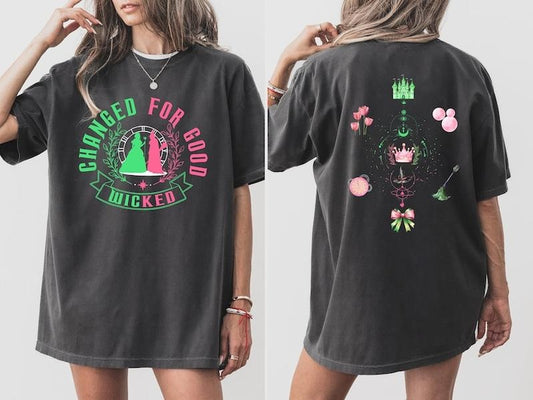 2 Slides, Wicked Change For Good Glitter tshirt, Defy Gravity Broomstick Magic Wand Shirt, Wizard of Oz Movie Shirt, Witch Pink And Green Shirt