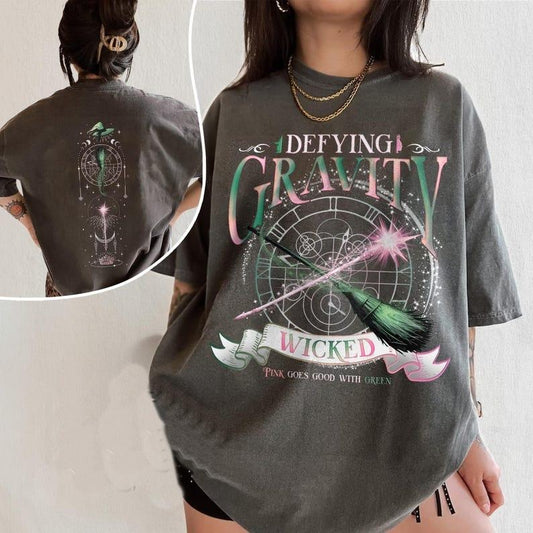 2 Slides, Wicked Defying Gravity  Shirt, Pink And Green Changed For Good Tshirt, Wicked The Musical, Broomstick Magic Wand MovieFanShirt