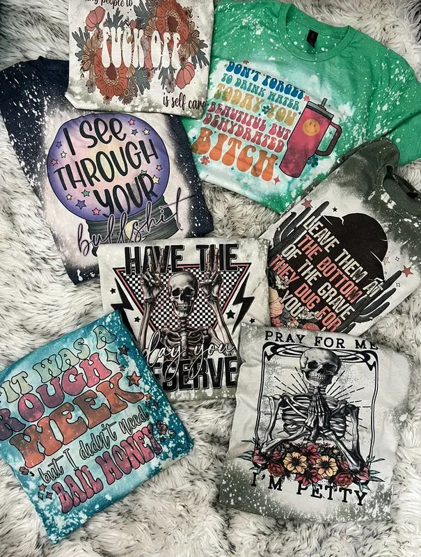 2 for 24 Bleached T-Shirt - You Pick The Category - Bleached Shirt - Petty, Mama, Faith, Spooky, Horror - Casual Menswear Short Sleeve Top Graphic Print Loose Fit All-Season Wear Machine Washable