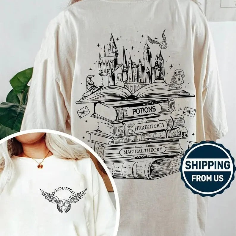 2 slides, Vintage Quidditch, Retro 90S Wizard School Shirt, Trick Or Treat Witchy Vibes Tee, Halloween Wizarding Fan Gift Cotton Crewneck Shortsleeve Casual