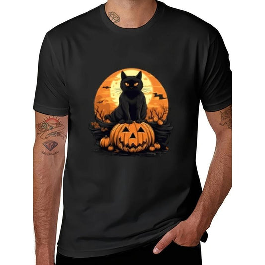 2024 new Black Cat pumpkin short sleeve cotton T-shirt for Halloween Made in USA