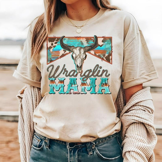 #215 - Wranglin Mama Western Boho Cow Retro -  - Print Unisex Crew neck Tee T-shirt