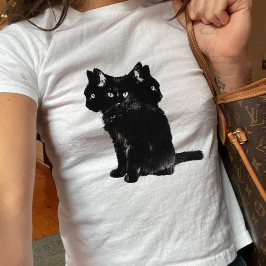 3 Headed Cat Baby Tee, Graphic, Spooky Halloween Graphic Tee, Grunge Emo Top, Y2K Fashion, Gothic Tees, Autumn, Softstyle