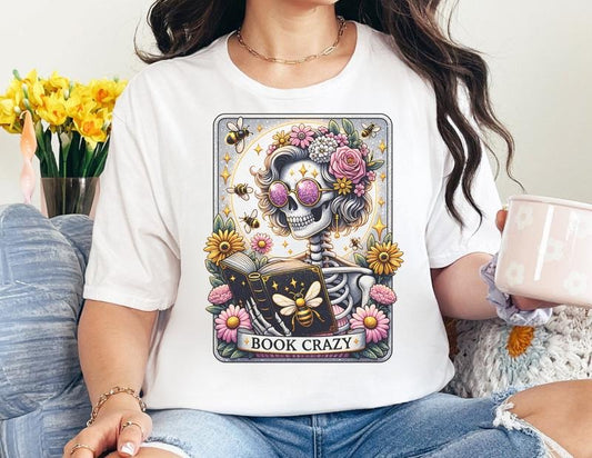 # 338 - Book Crazy Bee Floral Roses Tarot Card Design - Print Unisex Crew neck Tee T-shirt