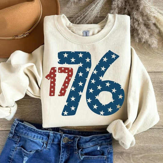 1776 America 4th of July Shirt, 3/4 Length Crew Neck, Casual Style, Graphic Design,  Cotton (Solid Colors), Ideal for All Seasons