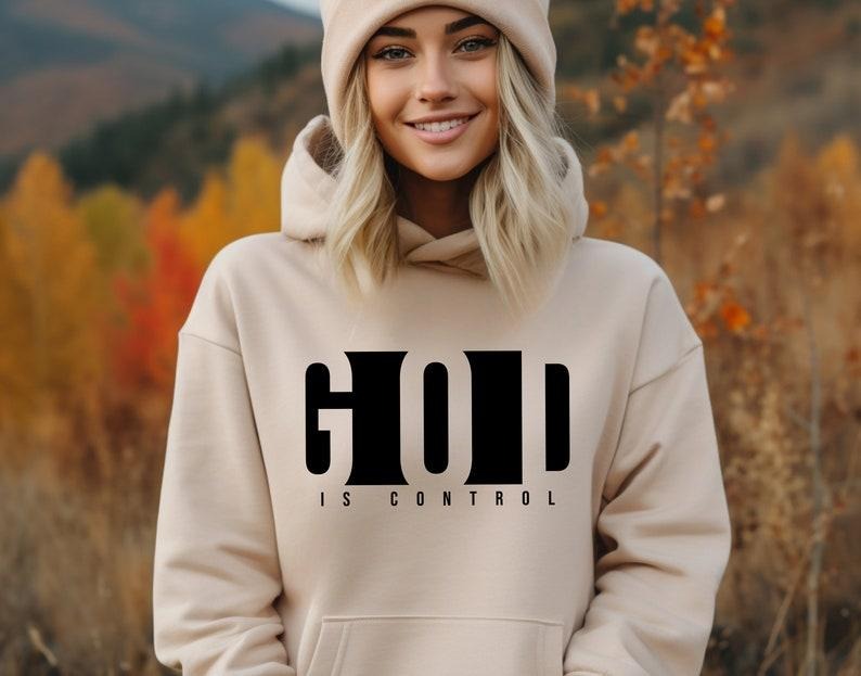 God Is Control Hoodie - Cotton, Heather Color, Crew Neck, 3/4 Length, Inspirational Design, Ideal for All Seasons -...