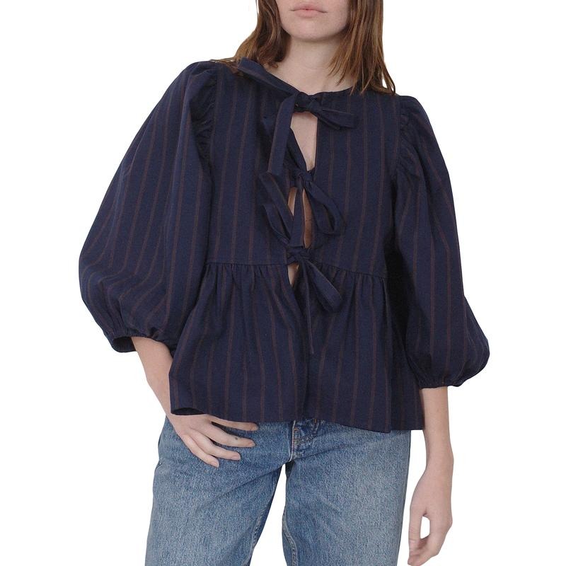 Puff Sleeve Tie Front Tops for Women Y2k 3/4 Sleeve Solid Color Ruffle Hem Peplum Babydoll Cardigan Coquette Cute Going Out Top Streetwear Aesthetic Clothes