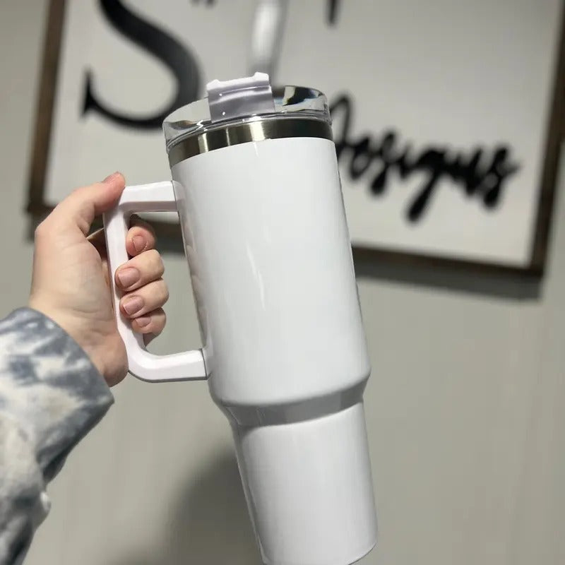 40 oz White Stainless Steel Sublimation Friendly Tumbler with Handle