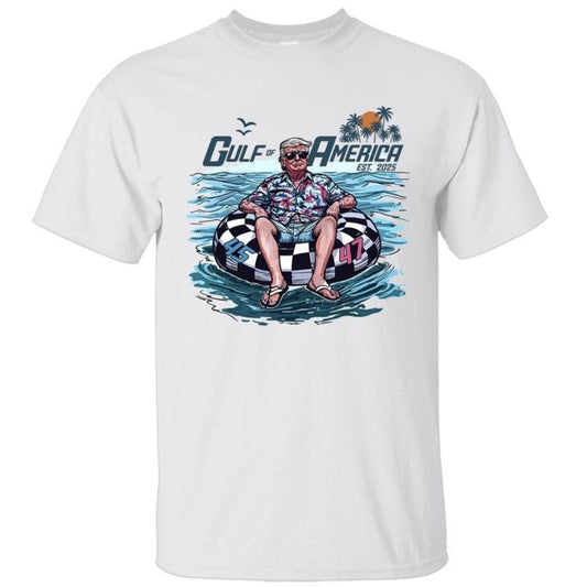 45th 47th President Trump Chillin on the Gulf of America est. 2025 Shirt, Crewneck Graphic Printed Unisex Cotton T-shirt for Men for Women