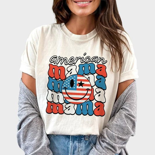 4th Of July American Mama Shirt, Retro Smiling Face Shirt, Groovy Mama Tee, US Flag Smile Face Tee, Patriotic USA Tshirt For Mom, Happy Independence Day Shirt, Mother Mommy Mum Shirt, Women Tops, Cotton Fabric Oversized Graphic Tee, Relaxed Fit Chic Style