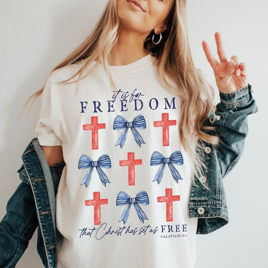 4th of July Coquette Bow Shirt, Galatians 5:1 Christian 4th Of July Shirt, Christian Shirt, Bible Verse Shirt, Patriotic Shirt, Jesus Shirt, Comfort Colors T Shirt