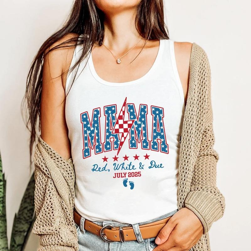 4th of July Pregnancy Announcement Tank Top, American Mama Tank Top, Red White and Due, Patriotic Maternity Tee, July...