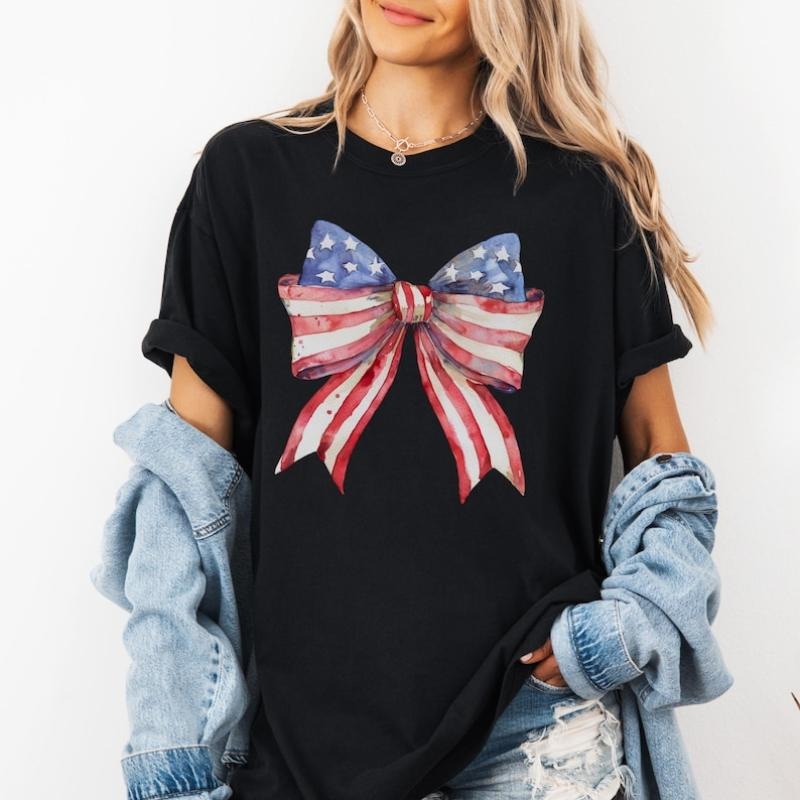 4th of July Shirt, Coquette American Flag Shirt, USA Bow Shirt, 4th of July Tee, Women's Patriotic Shirt, Red White and Blue