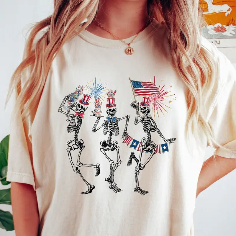 4th of July Skellies, 4th of July Shirts, Dancing Skeleton Shirt, American Flag Shirt, 4th of July, Stars and Stripes Shirt, Red White Blue Cotton Fabric