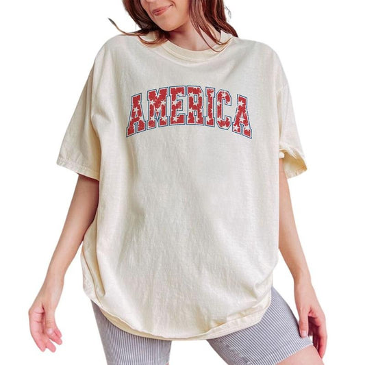 4th of July Tee, America Graphic Tee Women, USA Flag Printed Women Tops, Independence Day Shirt, Patriotic T-shirt, Comfy Oversized Graphic Tee, Gift For America Lover, Tops For Women, Womenswear Cotton Fabric Comfort Chic Style