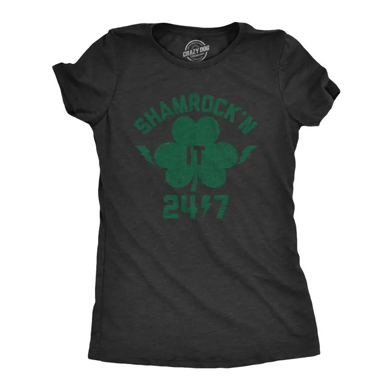 Womens Shamrock'n It 24/7 T Shirt Funny Saint Patricks Day Irish Clover Lucky Tee Funny Womens T Shirts Cute Slimming Top Comfortable Soft Womenswear Saint Patrick's Day Tops for Women Women's Novelty Black