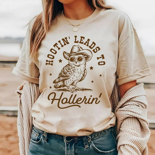 #704 - Hootin Leads to Hollerin Owl Trendy western Vintage Shirt Design, Cute rodeo t-shirt Tribal Southwestern Cowboy Cowgirl Western Shirt - Print Unisex Crew neck Tee T-shirt