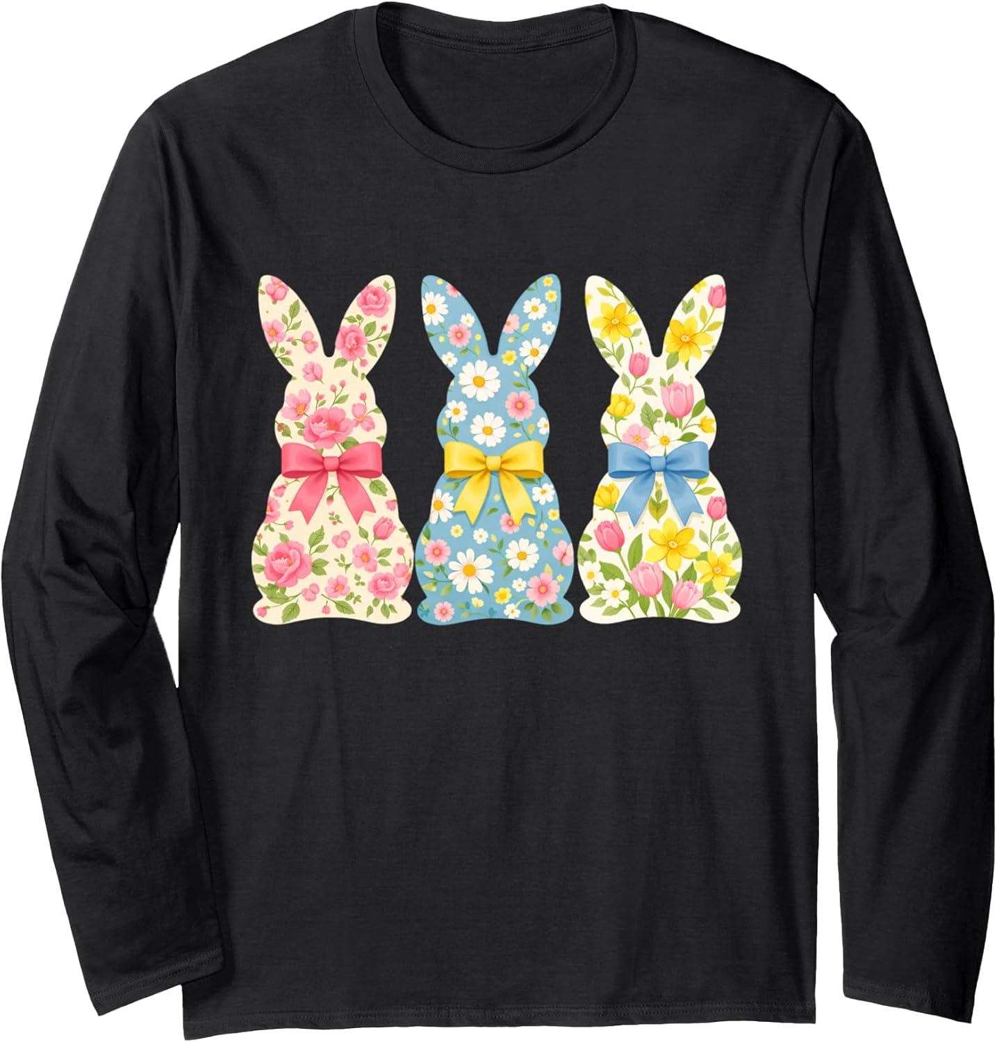 Floral Easter Bunny Trio Pastel Bows Spring Wildflowers Long Sleeve T-Shirt