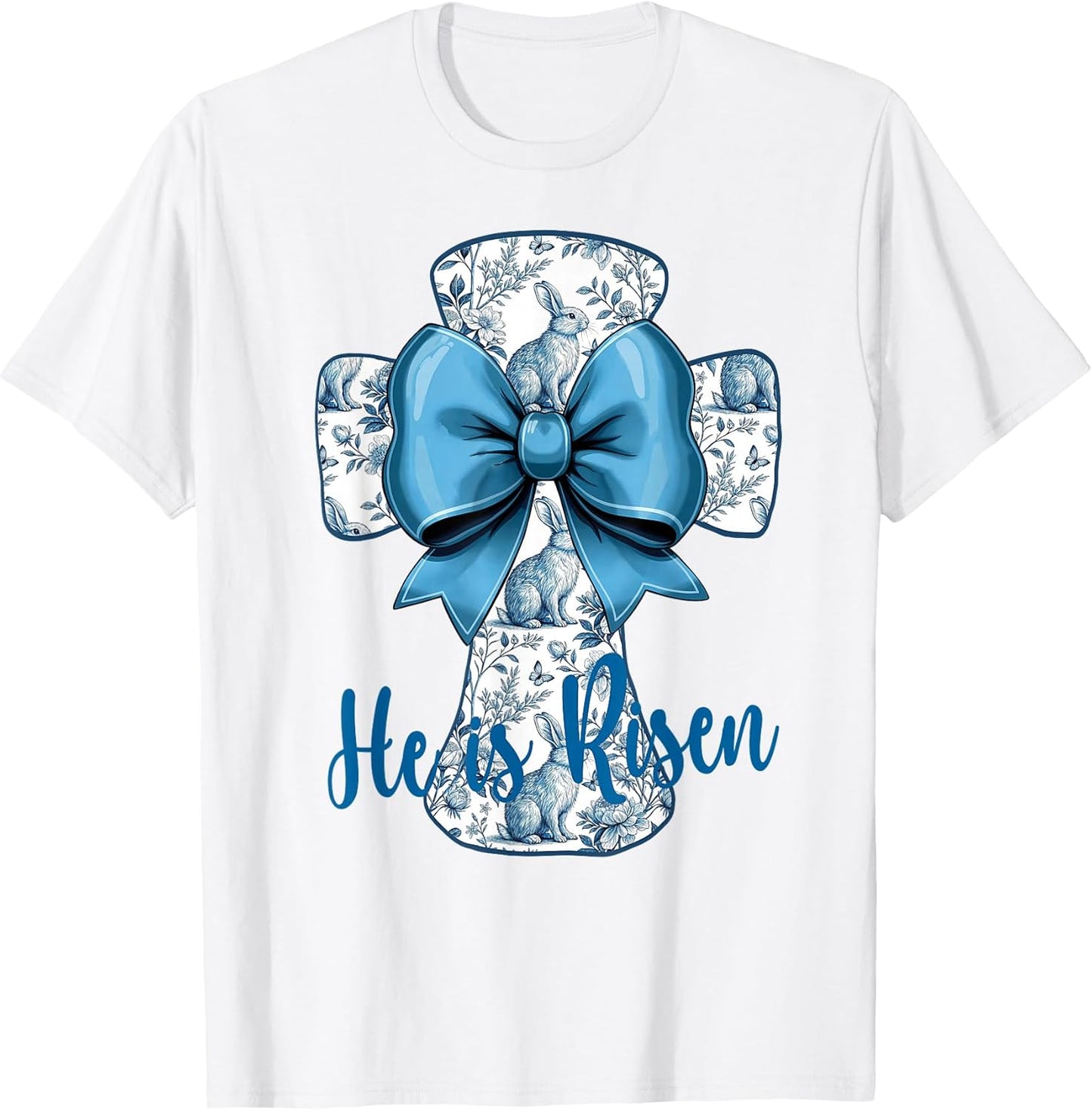 Easter Design He Is Risen Blue Toile Cross Christian Faith T-Shirt