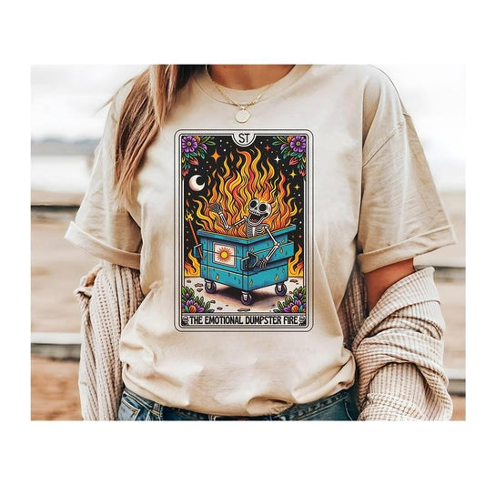 #808 - Emotional Dumpster Fire Skeleton Tarot Card Design -   Print Unisex Crew neck Tee T-shirt