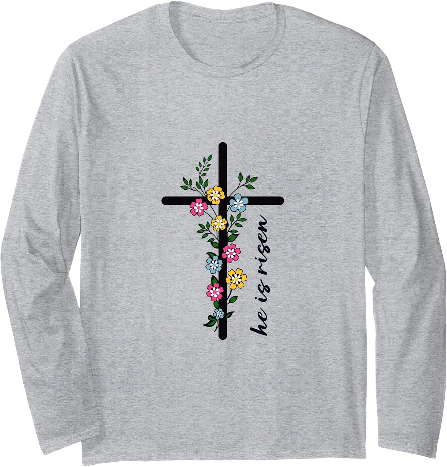 He Is Risen Floral Cross Faith-Based Women Easter Christian Long Sleeve T-Shirt