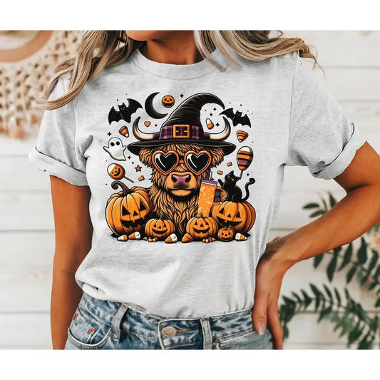 # 826 - Baby Highland Cow Witch Halloween Pumpkins - Print Unisex Crew neck Tee T-shirt Comfort Fabric