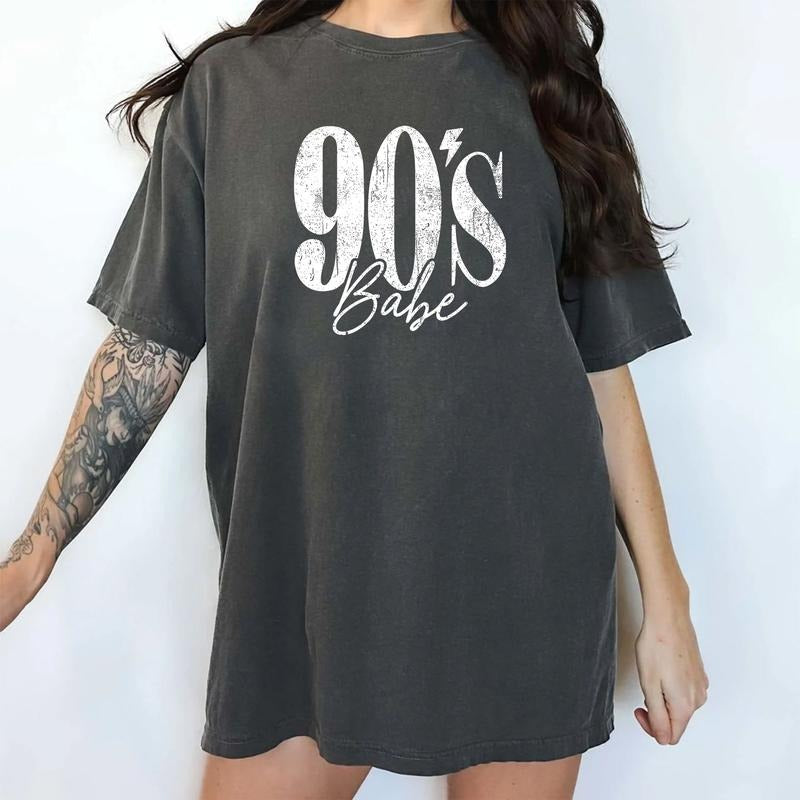 90's Babe Shirt, Women's Simple Letter Tee, Vintage Y2K Shirt For Women, Summer Vibes, 90s Girls Tees, Retro Summer Graphic Tee For Her, Lady's Daily Wear, Casual Women's Tops, Womenswear Chic Style