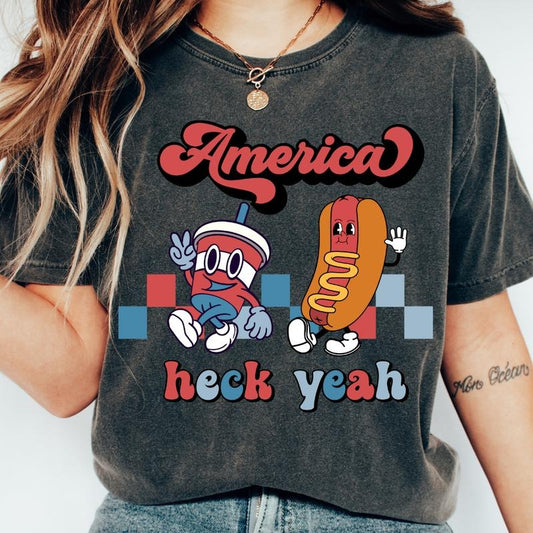 AMERICA HOT DOG SHIRT, AMERICA HECK YEAH SHIRT, 4TH OF JULY SHIRT, JULY 4TH SHIRT UNISEX COTTON SHIRT, OVERSIZED HOLIDAY SUMMER SHIRT Comfort Fabric Top Womenswear Underwear Lady