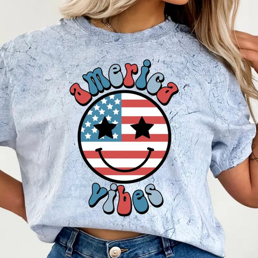 AMERICA VIBES SMILEY FACE SHIRT, 4TH OF JULY SHIRT, JULY 4TH SHIRT UNISEX COTTON SHIRT, OVERSIZED HOLIDAY SUMMER SHIRT Comfort Fabric