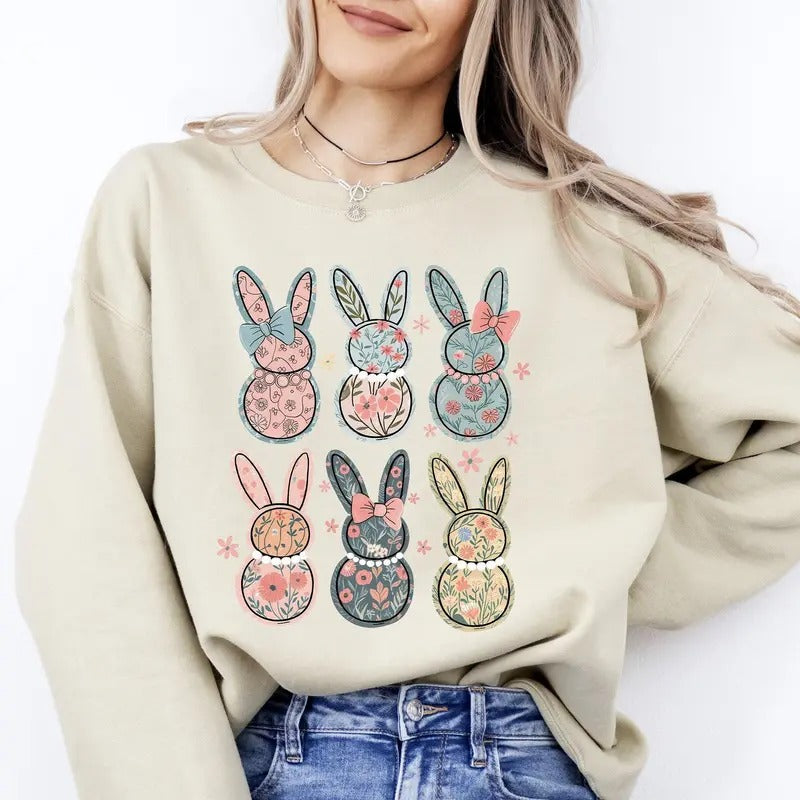 Adorable Floral Bunnies, Easter, Bunny, Jesus, Rabbit, Holiday Sweatshirt, Crew Neck, Women's, Crewneck